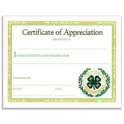 Appreciation Certificate - Shop 4-H