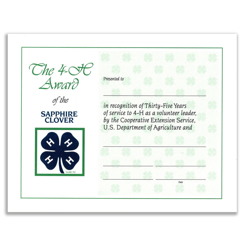 35 Year Recognition Certificate - Shop 4-H