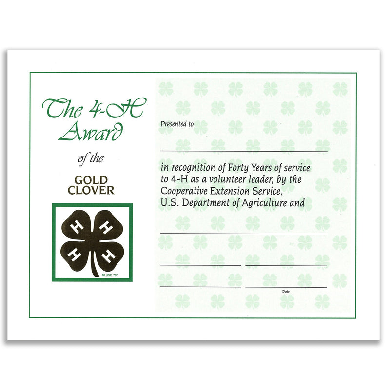 40 Year Recognition Certificate - Shop 4-H