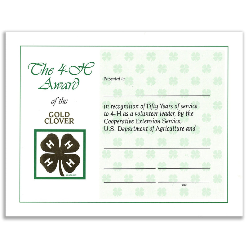 50 Year Recognition Certificate - Shop 4-H